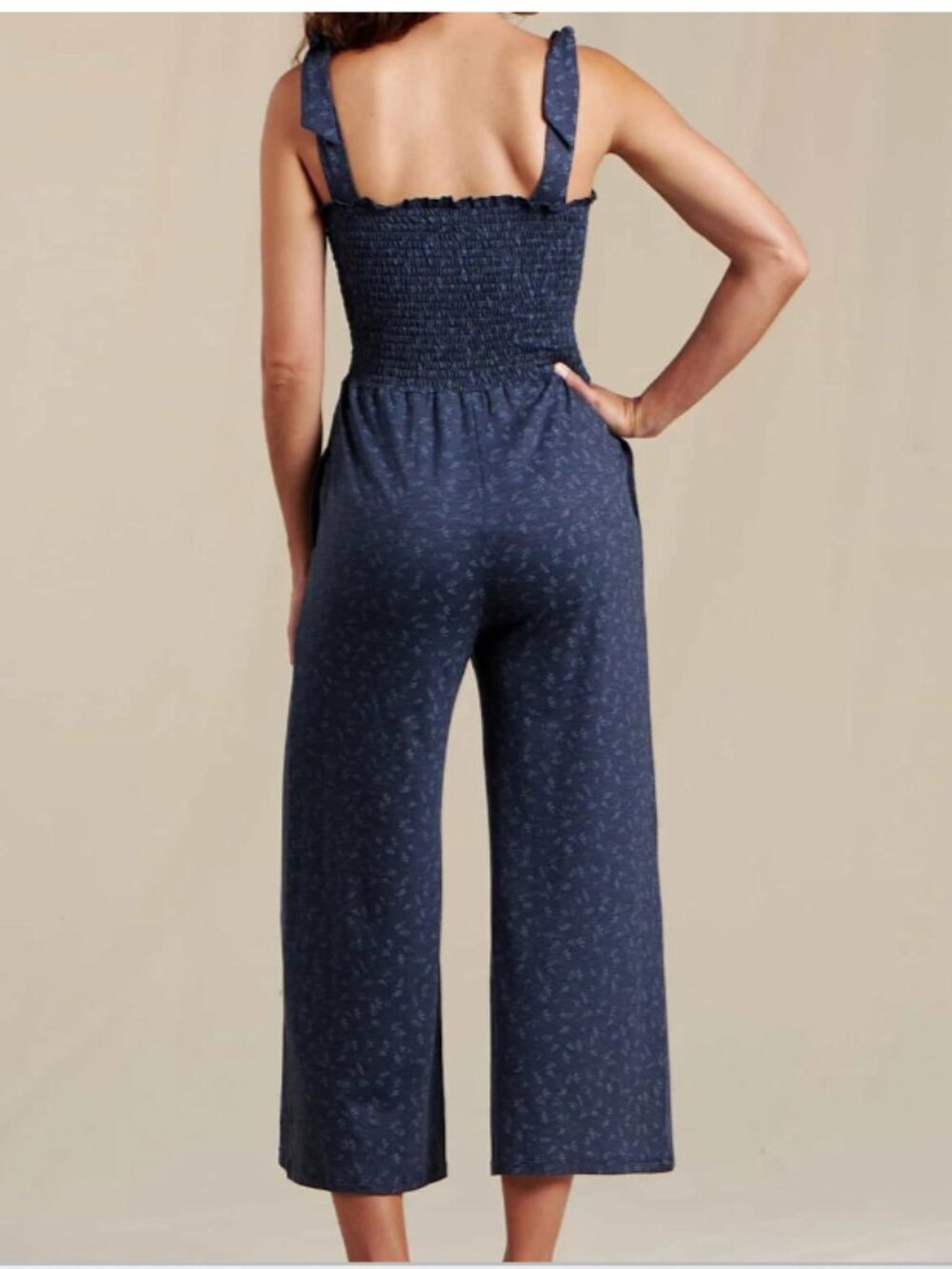Toad&Co Gemina Sleeveless Smocked Wide Leg Tie Shoulder Jumpsuit Navy Small S - Picture 2 of 10